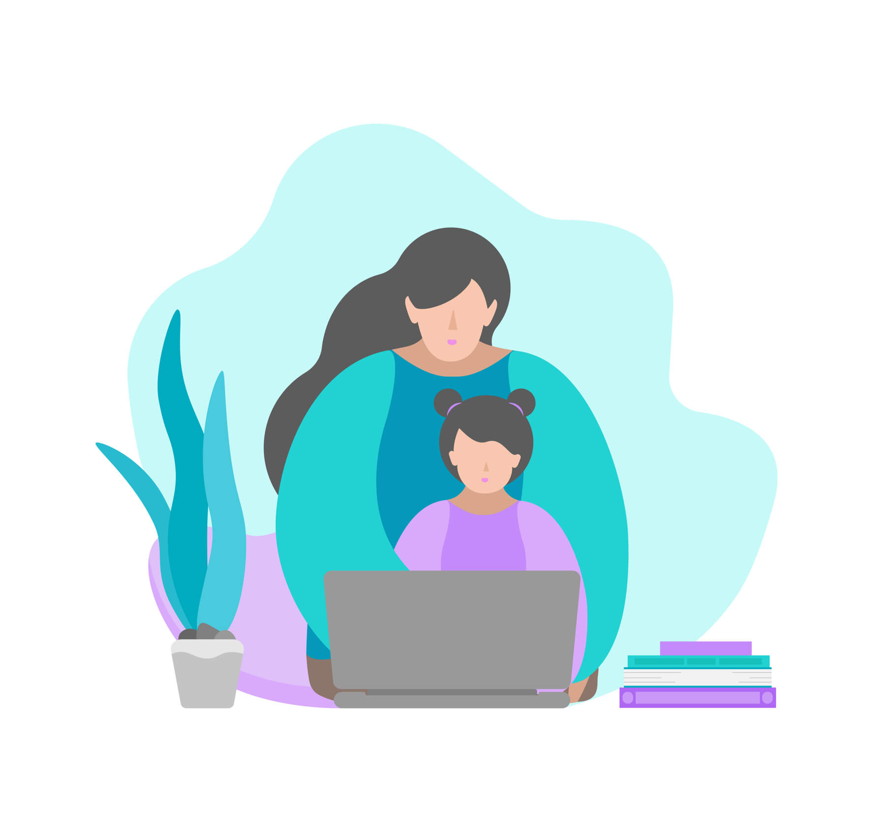 Vector illustration in flat style. Sitting mother and child with laptop. Online education with class in quarantine time, making homework with parent’s help. Home schooling. Blue and violet colours