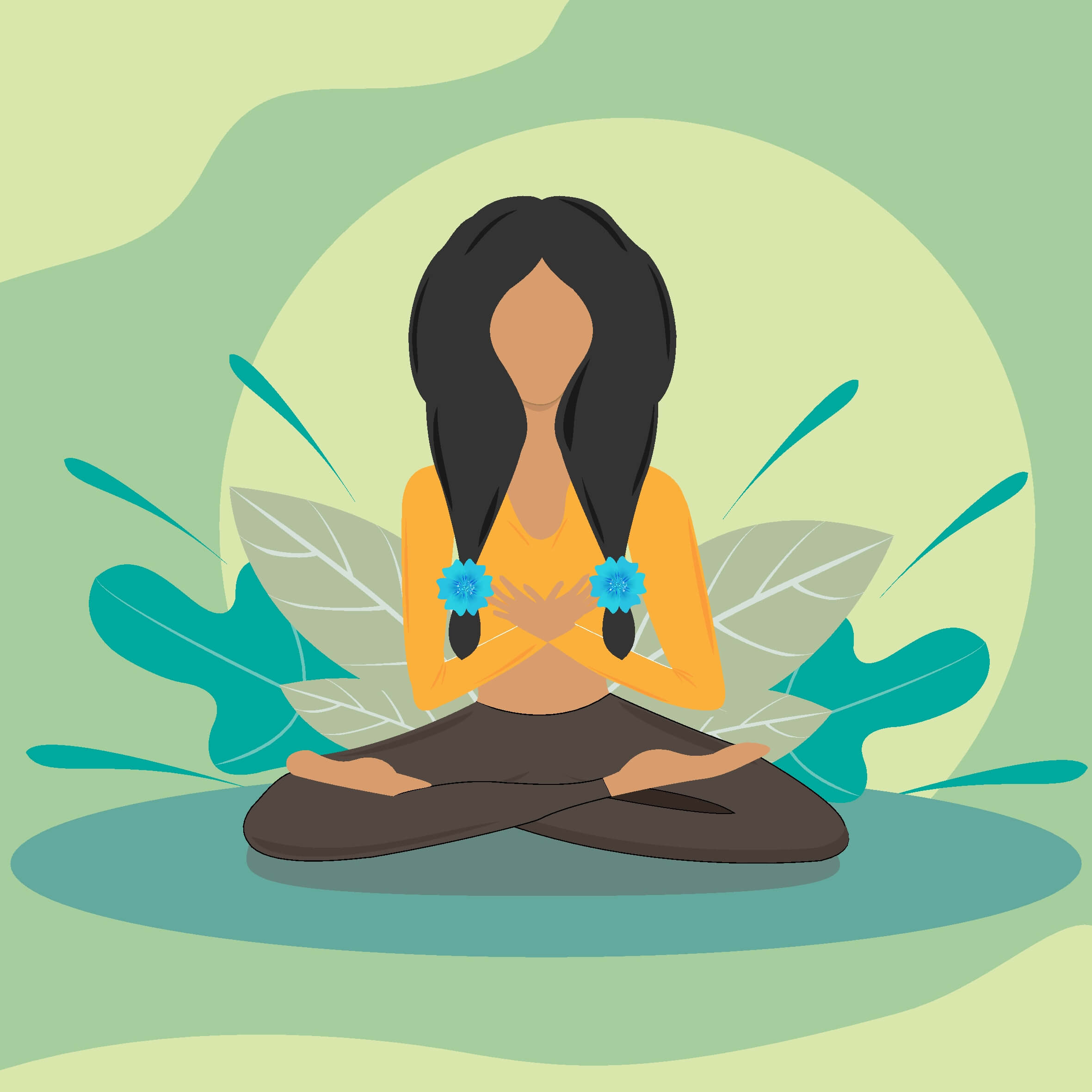 A young woman sits cross-legged on the floor and meditates. Meditation, relaxation at home, spiritual practice, yoga and breathing exercise. Quarantine