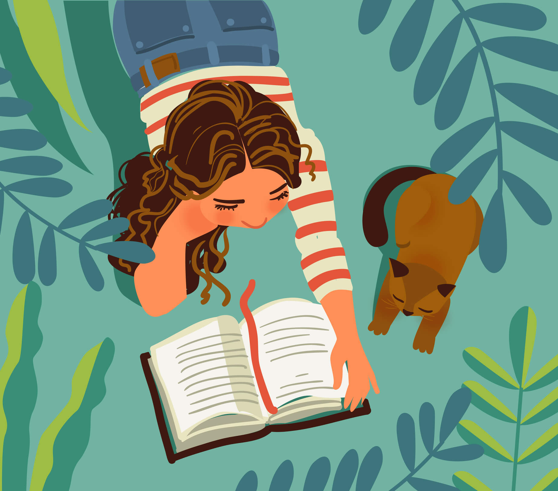Young girl with cat in the garden. Girl reads a book. Nature landscape background. Summer holidays illustration. Vacation time