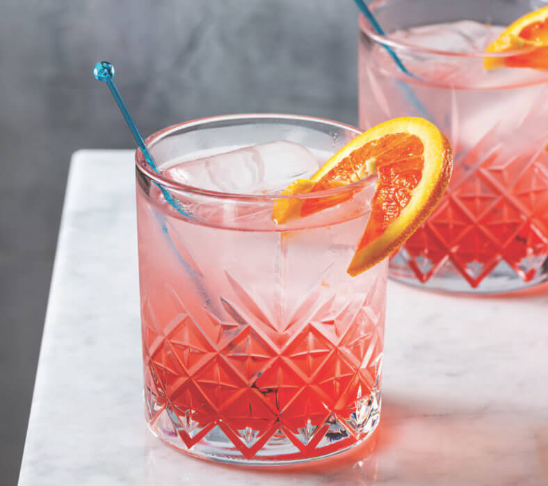 Cold Blood Orange Gin and Tonic Cocktails on Marble Bar Counter