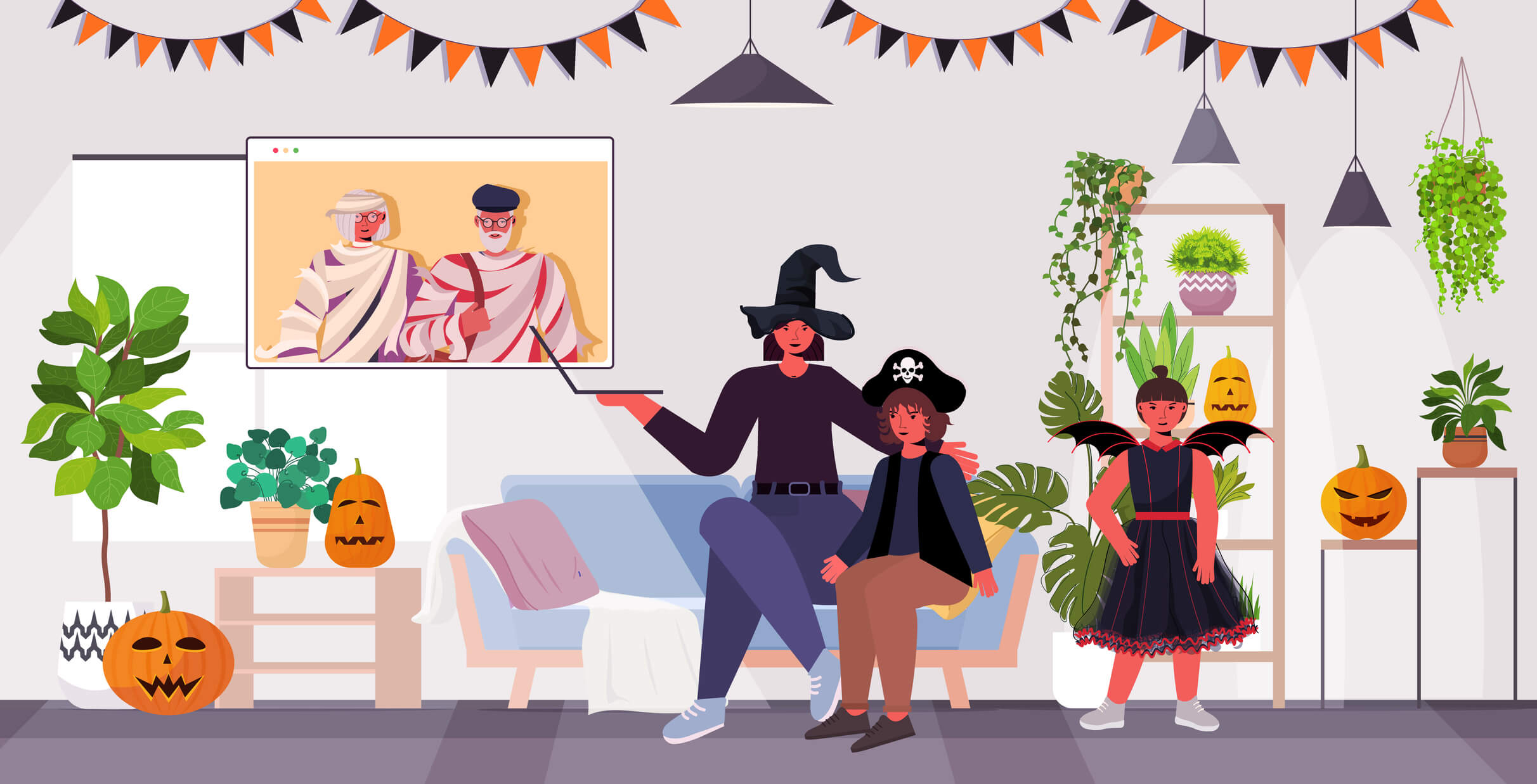 happy halloween holiday celebration concept family in costumes discussing with grandparents during video call