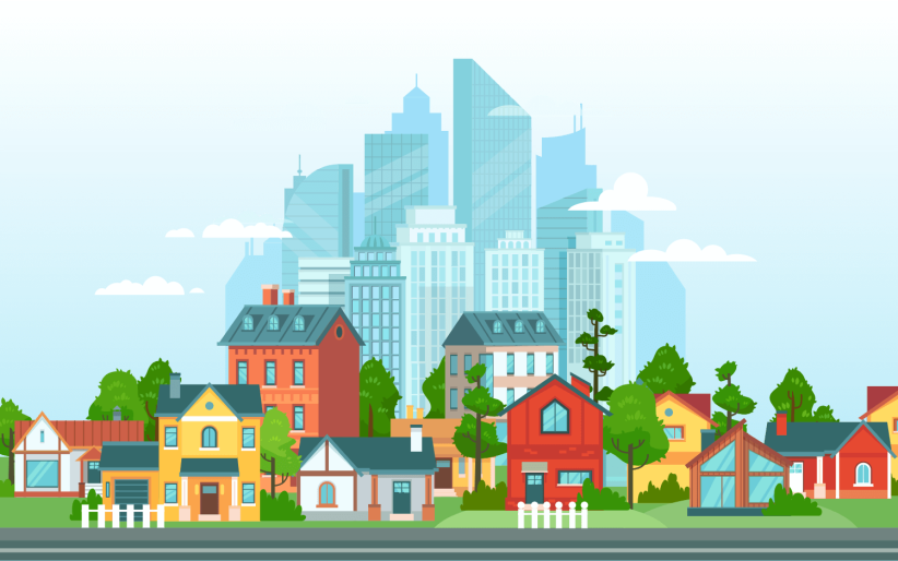 The image is a colorful illustration of a neighborhood with a variety of houses and trees in the foreground, and tall modern skyscrapers in the background.
