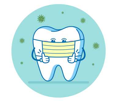 The tooth using surgical mask for preventing the spread of COVID-19 or Coronavirus. Dental illustration or sign for informing patients.