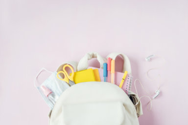 Student school bag with medical mask, sanitizer