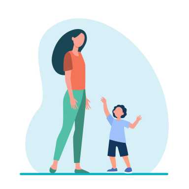 Little son reaching arms to his mom