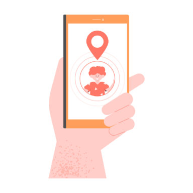 Hand holds phone with kid boy geolocation. Parental location control. Child safety. Vector flat illustration.