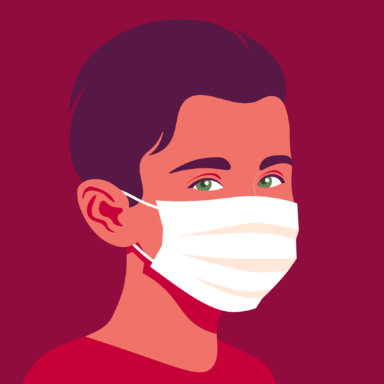 Portrait of a boy with medical mask. The face of a child. Avatar of a schoolboy.