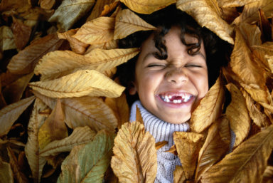 Boy (6-8) lying in leaves, laughing, eyes closed, overhead view
