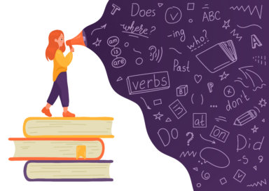Girl on stack of books talking to megaphone with language doodle