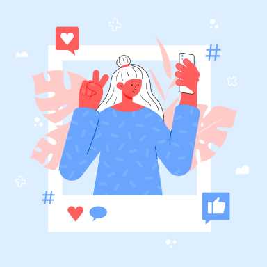 Blogger girl taking selfie with smartphone. Blogging and influence concept. Vector illustration. Social media marketing.