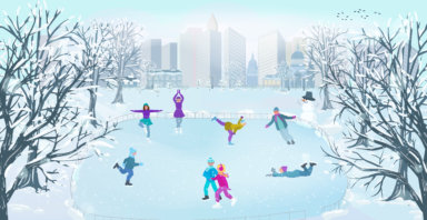 An ice rink in a winter park with people skating on the background of city buildings. Winter outdoor recreation. The concept of a healthy lifestyle. Vector illustration.