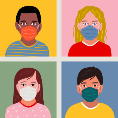 Diverse set of child portrait avatars wearing face masks — hand-drawn vector elements