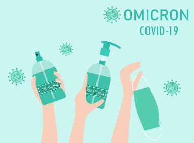 New normal concept hand holding face mask, hands sanitizer and 75% alcohol spray to protect from Omicron variant B.1.1.529 of COVID-19. New strain of coronavirus