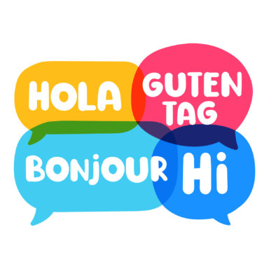 Hola, guten tag, bonjour, hi. Speech bubbles discuss, social network or translation concept. Vector business illustration on white background.