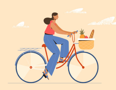 Girl riding a bike with front basket with baguette, paprika, pineapple. Vector illustration.