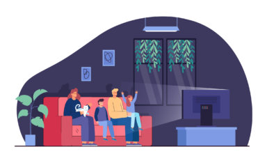 Happy family watching TV at night flat vector illustration