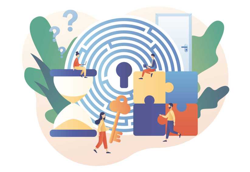 People solve a maze, assemble puzzle pieces, hold a key, and sit by an hourglass and door, symbolizing teamwork and problem-solving.