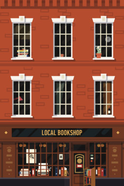 Brick building facade with antiquarian book shop