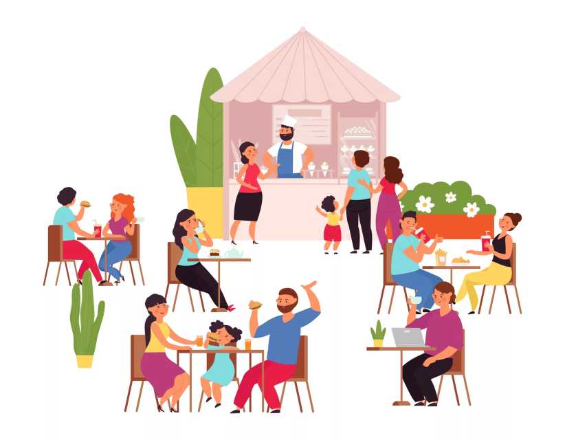 Illustration of families eating and chatting at an outdoor café with a food stand, kids, and greenery around.