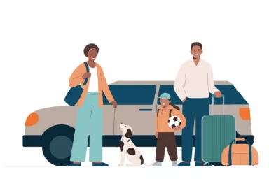 African American family with luggage and dog near car. Young family with child go on trip by car.