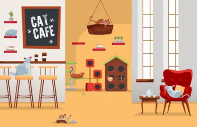 Interior cat cafe. Cozy place with coffee and many cats in armchairs and houses with set of accessories, stuff.Spacious room with large windows and text on blackboard. Flat cartoon vector illustration