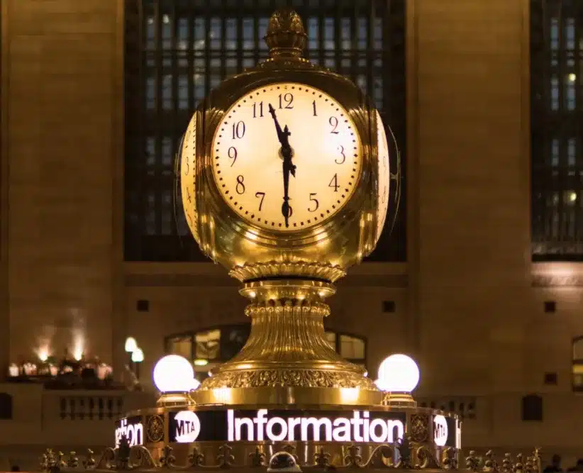 Grand Central Terminal famed glass clock at the center.