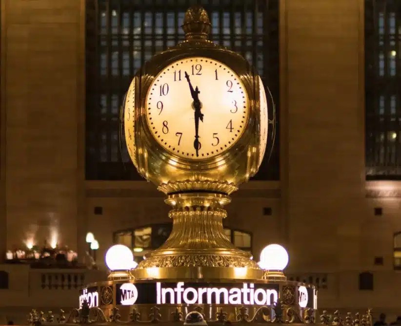 Grand Central Terminal famed glass clock at the center.