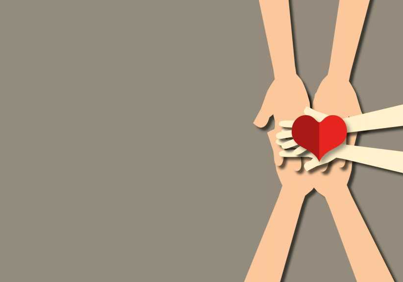 Minimal illustration of several hands stacked together holding a red heart on the right side, symbolizing support and unity on a plain background.