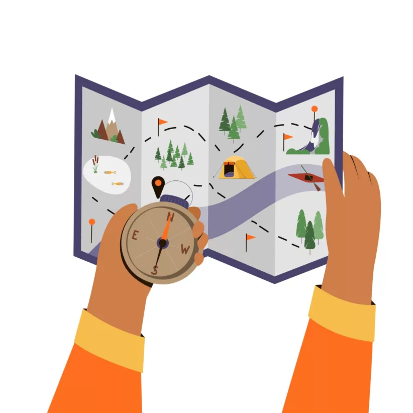 Hands holding travel or camping map and a compass. Vector illustration