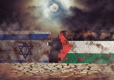 Flags of Palestine and Israel painted on cracked wall. Palestinian conflict concept