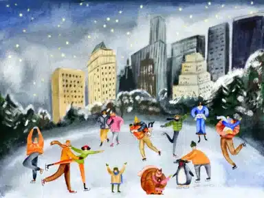 Central Park, New York. Winter night, urban landscape. Merry Christmas, Happy New Year, illustration. People are skating, watercolor illustration, watercolor texture, night sky.