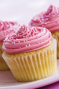 vanilla cupcakes with pink frosting and sprinkles