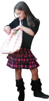 child model; girls, children's fall fashion; plaid skirt; Plum clothing; fringed boots by The Children's Place; gingham bag by Paul Frank