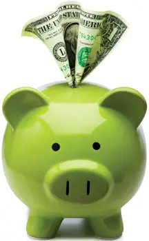 green piggy bank with dollar bill sticking out; piggy bank full of money; saving money
