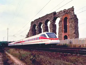 eurorail train through ruins of Italy