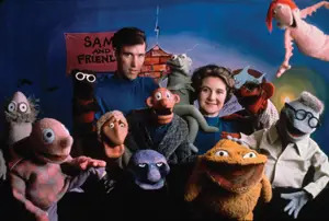 Jim Henson and Jane Nebel with Sam and Friends puppets