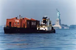 Tug and Barge Week, nyc; statue of liberty seen from boat; historic nyc barge