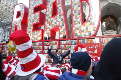 Mark Ruffalo on the steps of the New York Public Library during Read Across America launch event