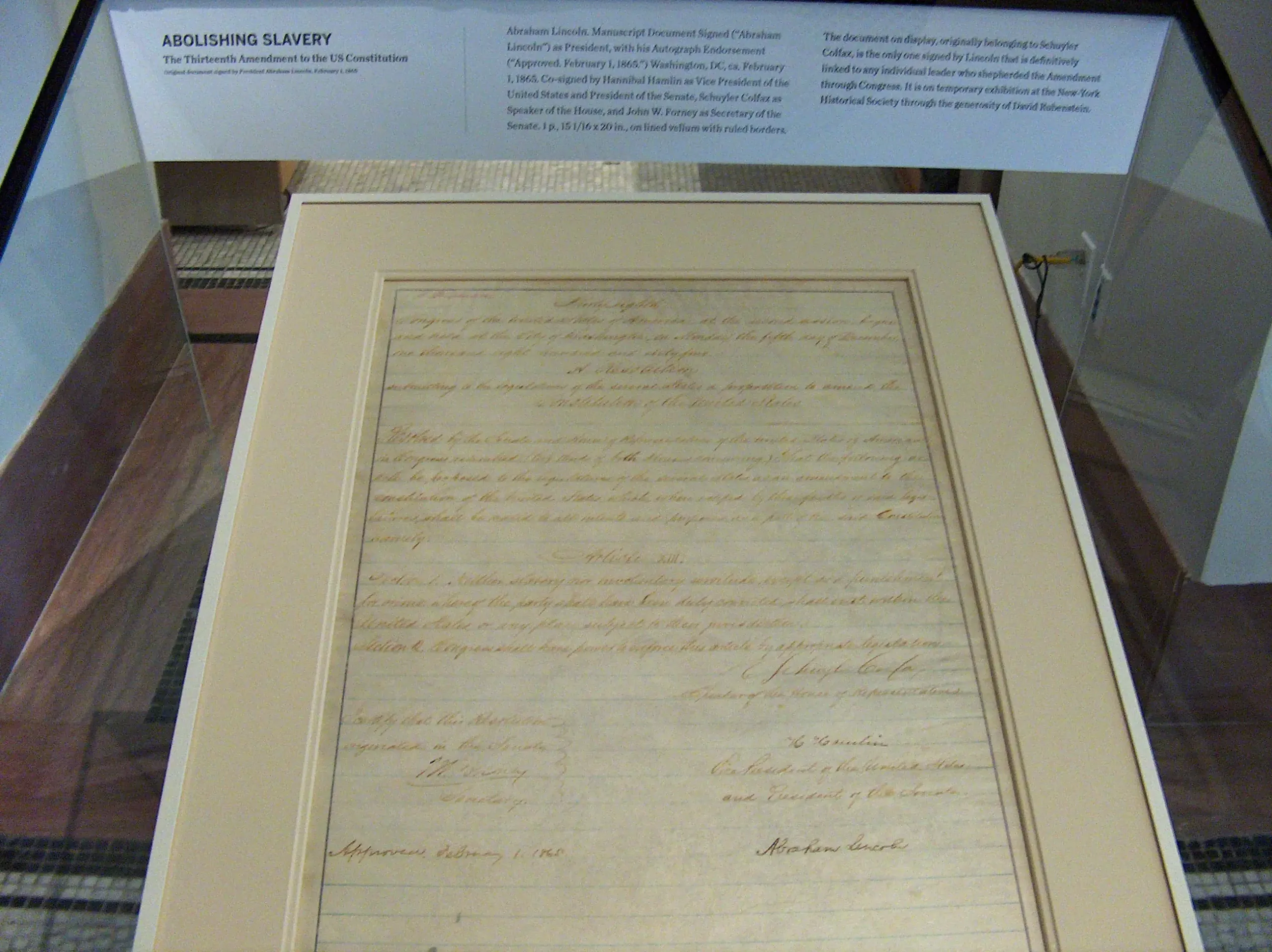 The rare handwritten copy of the Thirteenth Amendment to the Constitution signed by Abraham Lincoln.