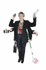 A woman with six arms holds a pot, mop, briefcase, and phone, symbolizing the challenge of multitasking.