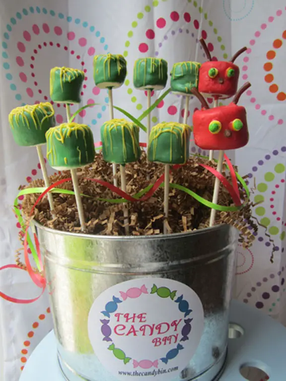 This marshmallow pop caterpillar bucket is just one of the many creations available at The Candy Bin; Courtesy The Candy Bin 