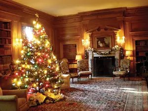Vanderbilt Library decorated for the holidays; candlelight tours at the Vanderbilt mansion