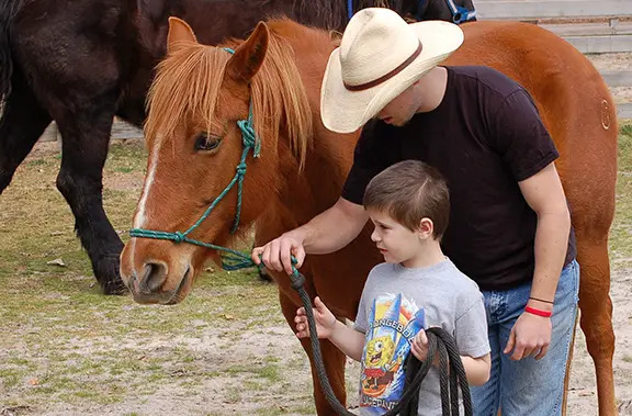 child leading horse