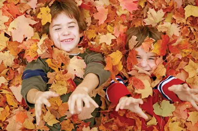kids jumping in a leaf pile