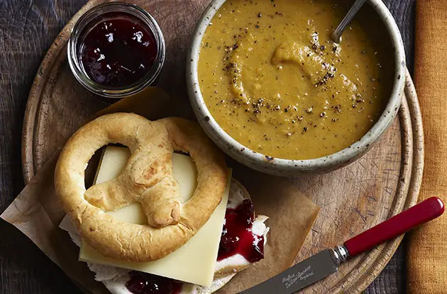 butternut squash soup with thanksgiving pretzel sandwiches