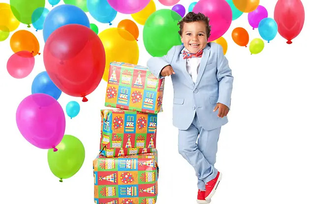 kid with balloons and presents