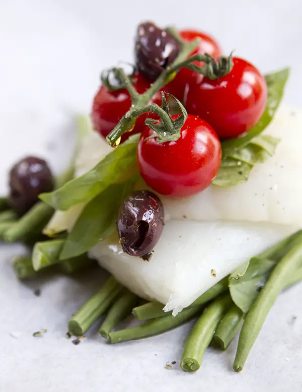 cod green bean and cherry tomato parcel