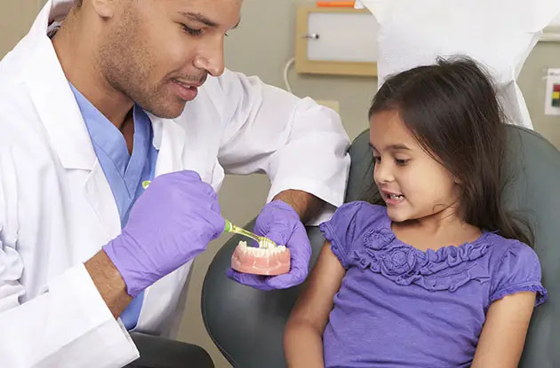 dentist shows girl how to brush teeth