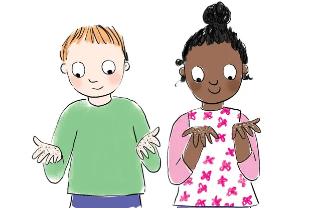 illustration of two children with germs on hands