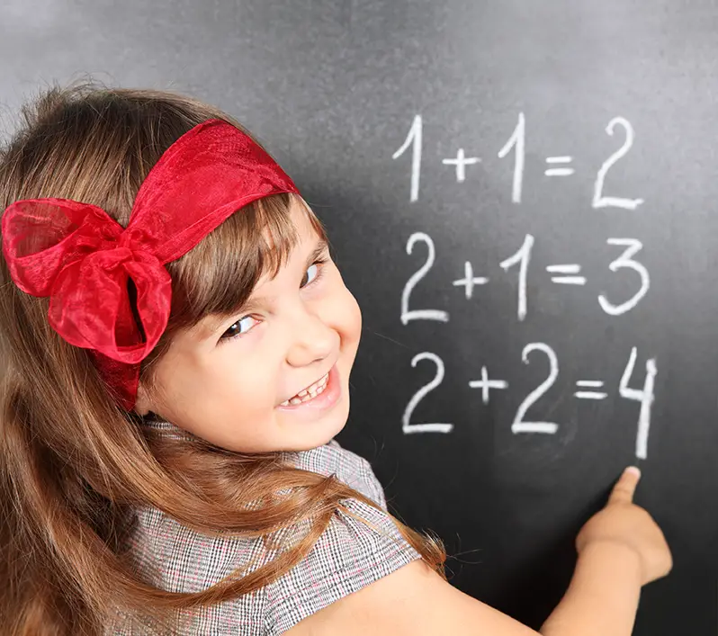 girl doing math at chalkboard